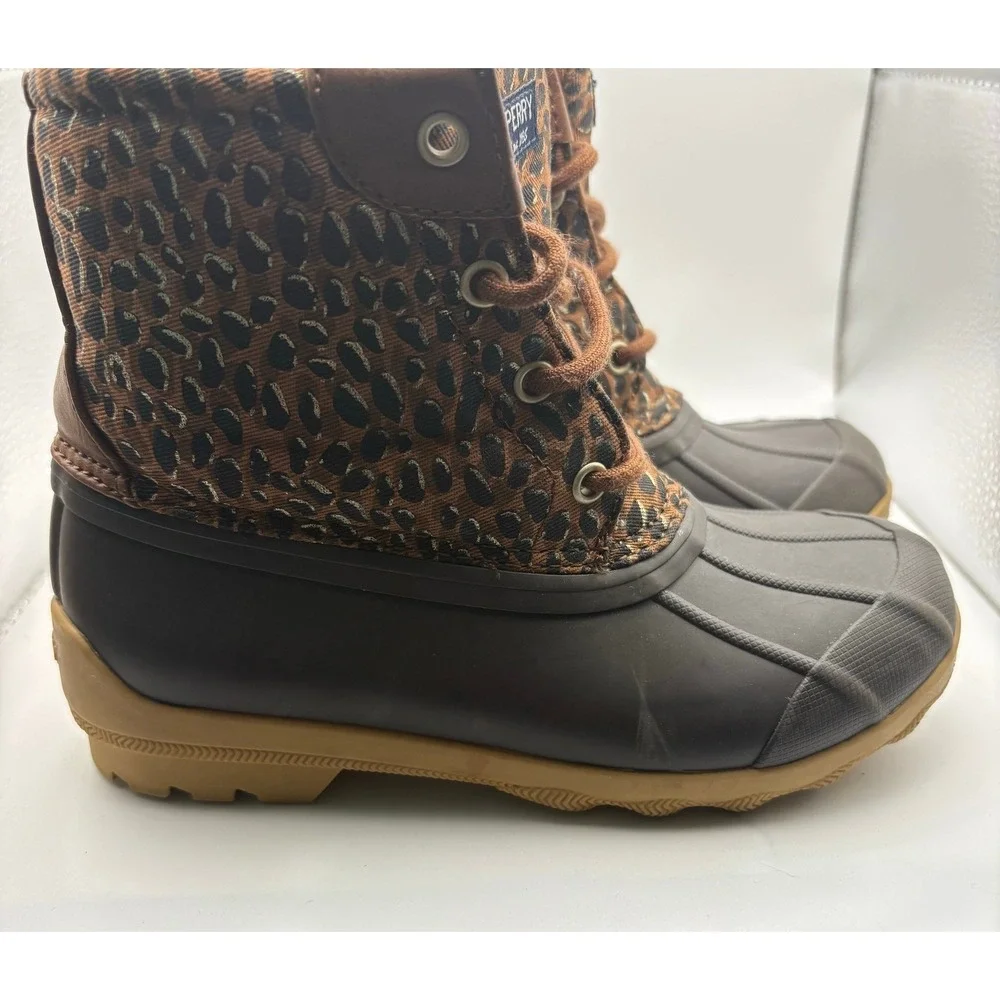Sperry Saltwater Leopard Print Duck Boots Brown Kids Girls Waterproof Shoes